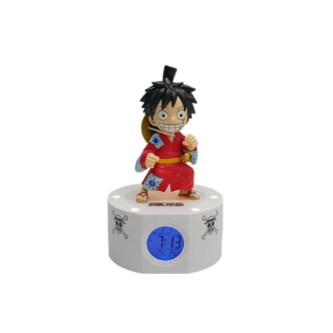 TEKNOFUN - Wecker One Piece - Luffy in Kimono - Beleuchteter Retro-Bildschirm - Digital Display - Programmierbarer Alarm - LED-Licht - 3xAAA Nicht enthalten - Für Kinder, Sammler