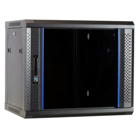 9HE Netzwerkschrank (Serverschrank) 19 Zoll Wandmontage - mit Glastür - Nicht vormontiert (BxTxH) 600 x 450 x 500mm - Schwarz - Traglast 40 kg