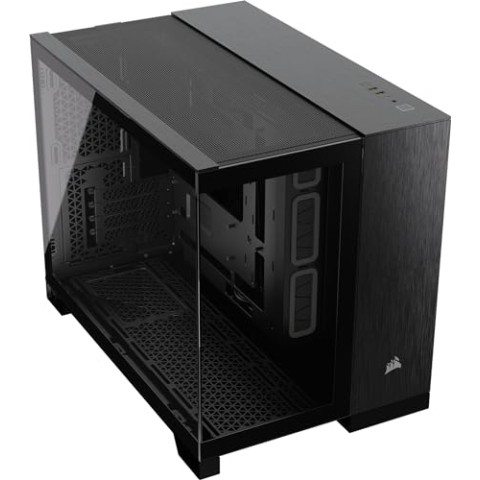 CORSAIR 2500X Small-Tower mATX-Doppelkammer-PC-Gehäuse – Gehärtetes Panoramaglas - Umgekehrte Verbindung Motherboard-Kompatibel – Keine Ventilatoren Inbegriffen – Schwarz/Obsidian Aluminium