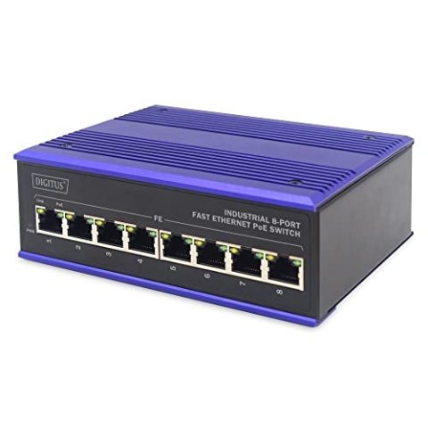 DIGITUS PoE Netzwerk-Switch - 8-Port Fast Ethernet - DIN-Rail Montage - Klemmleiste - Lüfterlos - Schwarz/Blau