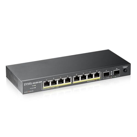 Zyxel 10-Port Gigabit Unmanged PoE+ Switch, 8 Ports mit PoE 130 Watt max. 2 SFP-Ports - Design ohne Lüfter fanless [GS1100-10HP]