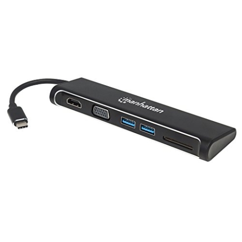 Manhattan 152631 USB 3.1 Typ C auf HDMI/VGA 4-in-1 Docking-Konverter (2-Port USB 3.0-Hub und SD-Kartenleser) Aluminium schwarz