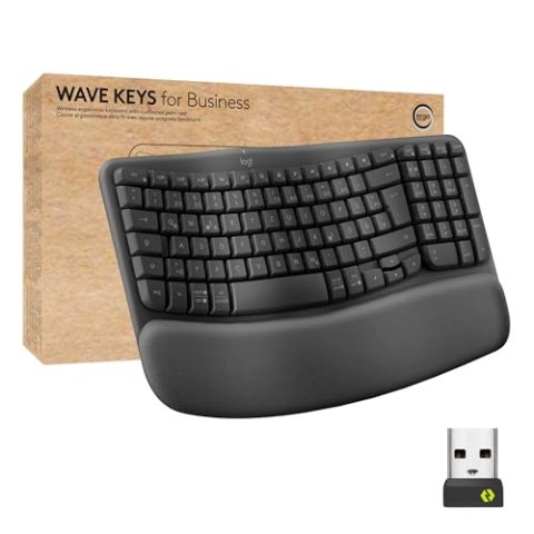 Logitech Wave Keys for Business, kabellose ergonomische Tastatur mit gepolsterter Handballenauflage, sichere Logi Bolt Technologie, Bluetooth, Windows/Mac/Chrome/Linux, DEU QWERTZ-Layout, Grafit