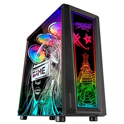Mars Gaming MC-Art Schwarz, PC Gaming ATX Gehäuse, Doppelt Zeichnbar Gehärtetes Glas, ARGB 12 Mode, 12cm Lüfter, MCART