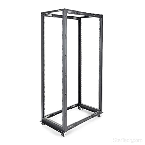 StarTech.com 4-Pfosten 42 HE Mobiles Open Frame Serverrack, 19" Netzwerk Rack mit Rädern, Netzwerkschrank/Rack für Computer/AV/Daten/IT Geräte - Rollen, Nivellierfüße oder Bodenmontage (4POSTRACK42)