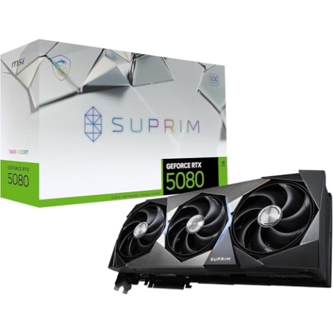 MSI GeForce RTX 5080 16G SUPRIM SOC — 16GB GDDR7 (30Gbps/256-bit), PCIe 5, Boost: 2745 MHz, HDMI 2.1b, DisplayPort 2.1b