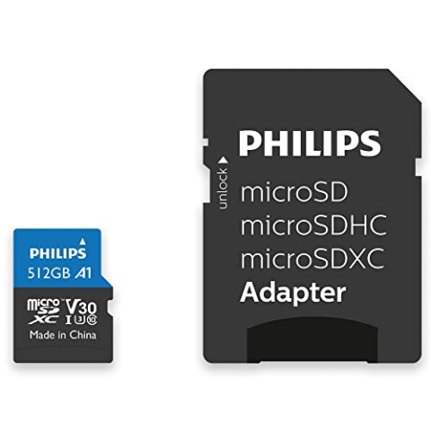 Philips Ultra Pro microSDXC Card 512 GB + SD Adapter UHS-I U3, Lesegeschwindigkeit bis zu 100 MB/s, A1 Fast App Performance, V30, Speicherkarte für Smartphones, Tablet, PC, Card Reader, 4K UHD Video