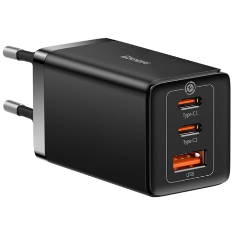 Baseus Travel Charger GaN5 Pro Fast Wall Charger, C+C+U, QC, AFC, PD 65W with Type-C to Type-C (100W) 1m, Black EU (CCGP120201)