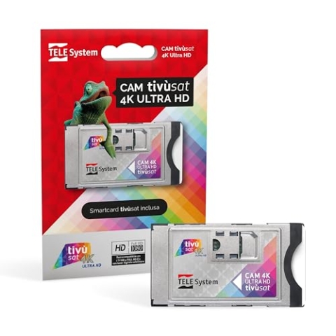 TELE System Tivùsat 4K Ultra HD zertifizierte Cam zum Ansehen von Kanälen in High Definition und 4K. Slot Cam für TV und Decoder, Aktive Smartcard inklusive. Serie A mit DAZN auf tivùsat.