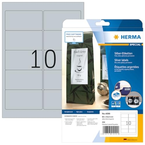 HERMA 4099 Wetterfeste Folienetiketten silber, 25 Blatt, 96 x 50,8 mm, 10 pro A4 Bogen, 2500 Stück, selbstklebend, bedruckbar, glänzend, blanko Klebeetiketten Aufkleber aus Folie