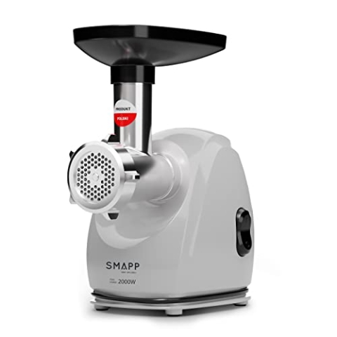SMAPP 489.8 Elektrische Fleischwolf – 2000W, GRAPHIT, 3 Edelstahl-Lochscheiben (2,7mm, 4mm, 8mm), Wurstaufsatz, kompakt & leise, Anti-Rutsch-Füße