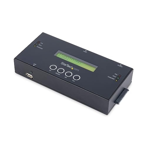 StarTech.com 1:1 Selbständige Festplatten Klonstation und Löscher, SAS und SATA HDD/SSD Kloner/Kopierer, Laufwerk Klonstation und Löschgerät, LCD Bildschirm, TAA Konform (SATSASDUPE11)