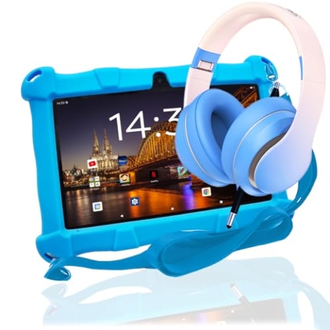 AngelTech Kinder Tablet Slim – 7 Zoll - 3GB RAM + 4GB Virtual RAM - 64 + 64GB Speicher (Kinderpaket Blau)