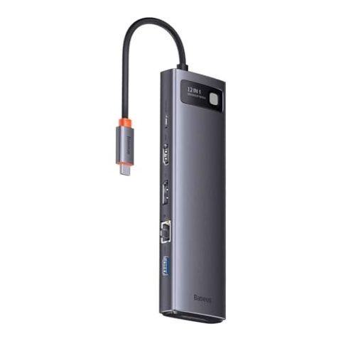 Baseus HUB Metal Glam Series 12-in-1 (2xUSB-A 3.0, 2xUSB-A 3.2, Type-C Male, Type-C Female, HDMI 8K 30Hz, DP Jack 8K 30Hz, RJ45, SD/TF Reader, 3.5 mm Jack Socket), Gray (WKWG020213)