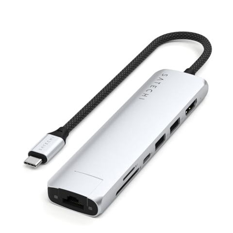 SATECHI 7-in-1 USB-C Hub Slim Plus, Multiport-Adapter, Dock mit 4K HDMI, 100W Power Delivery, 2X USB-A, Ethernet, SD/MicroSD – Silber