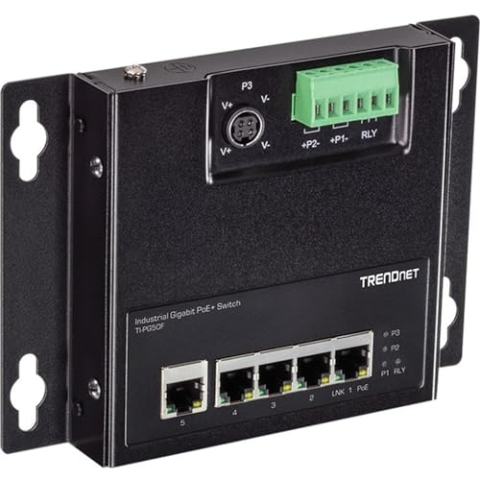 TRENDnet TI-PG50F Industrieller Gigabit-Poe+-Switch mit 5 Ports zur Wandmontage von vorne, 5X Gigabit-Poe+-Ports, DIN-Schienenmontage, 48–57 V DC-Leistungseingang, IP30, 120 W Poe-Budget