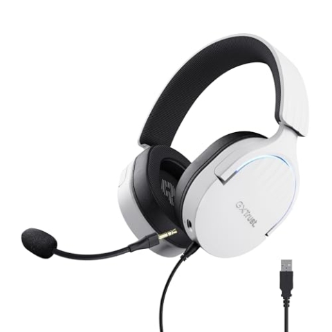 Trust Gaming GXT 490W Fayzo Gaming Headset USB 7.1 Surround Sound, 50mm Treiber, 35% Recyclingkunststoff, Mikrofon mit Geräuschunterdrückung, RGB Over-Ear Kopfhörer für PC PS5 - Weiß
