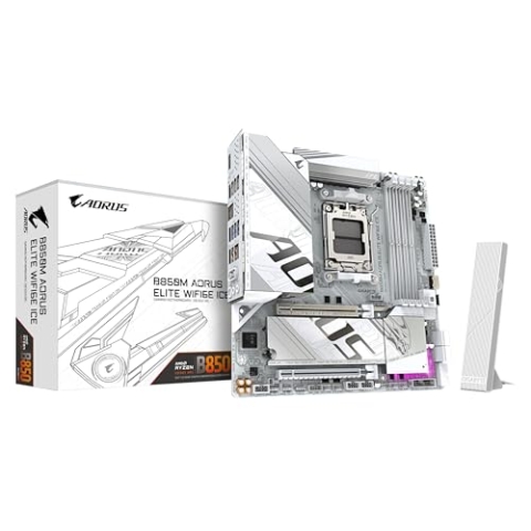 GIGABYTE B850M AORUS Elite WIFI6E Ice Motherboard - AMD Ryzen 9000 Series CPUs, 12+2+1 Phasen Digital VRM, bis zu 8200MHz DDR5 (OC), 1xPCIe 5.0 + 1xPCIe 4.0 M.2, 2.5 LAN, WiFi 7, USB 3.2 Gen 2