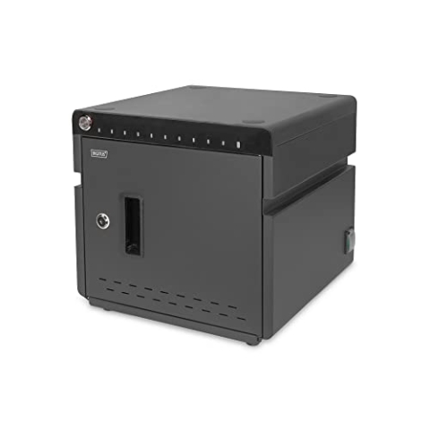 DIGITUS Schreibtisch Ladeschrank - 10 Lade-Plätze - Bis 14 Zoll - UV-C Lampe - Aufbewahrung & Aufladen von Smartphones, Notebooks & Tablets - Tür mit Verriegelung