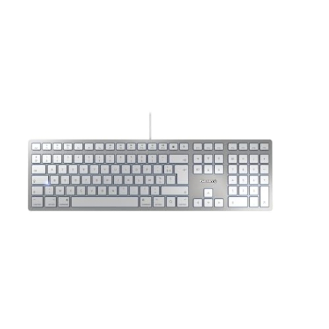 CHERRY KC 6000C FOR MAC, Kabelgebundene Mac-Tastatur (USB-C Anschluss), Französisches Layout (AZERTY), Flüsterleise Tasten, Flaches Design, Weiß-Silber