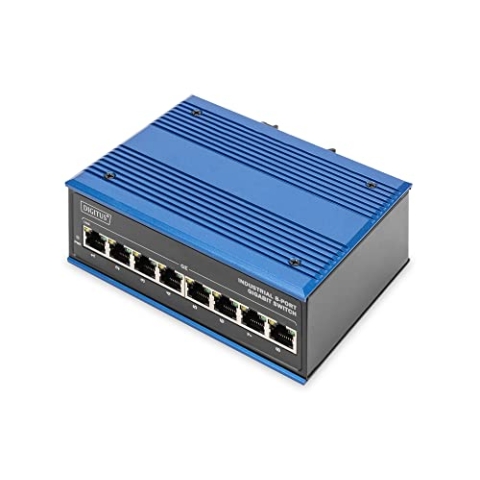 DIGITUS Netzwerk-Switch - 8-Port Gigabit Ethernet - DIN-Rail Montage - Klemmleiste - Lüfterlos - Schwarz/Blau