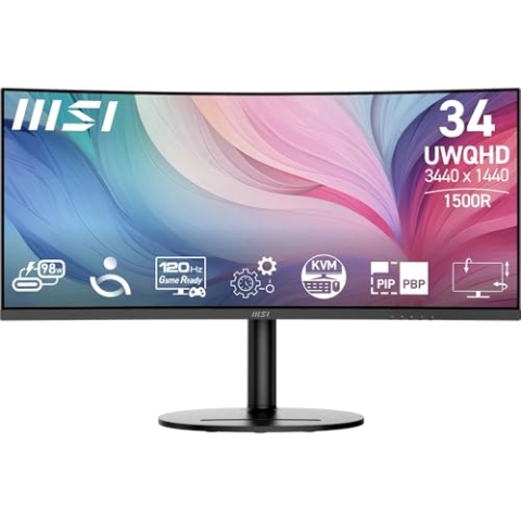 MSI Modern MD342CQP PC-Monitor 34 Zoll UWQHD Curved 1500R – VA-Display 3440 x 1440, KVM, Pip/PBP, Breites Farbspektrum, Augenkomfort, integrierte Lautsprecher, 3-Achsen verstellbar – HDMI 2.0b, DP