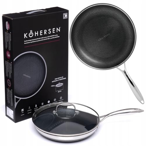 Kohersen - Hybrid Pfanne mit Deckel - Backofengeeignet - Spülmaschinenfest - Black Cube Antihaftbeschichtung - Pfanne für Induktion, Gasherd, Elektroherd - Edestahl und Aluminium - Kühler Griff - 28cm