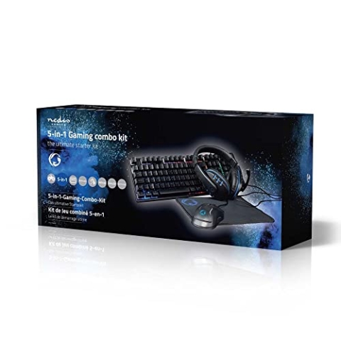 NEDIS Gaming Combo Kit - 5-in-1 - Tastatur, Headset, Maus und Mauspad - Schwarz - QWERTY - ND-Layout