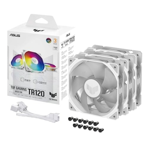 ASUS TUF Gaming TR120 ARGB Standard Blade White 3IN1 Gehäuselüfter 3er Pack (120mm PWM PC Lüfter, 2000 rpm, 3,3 mm H2O, 77,4 CFM Luftstrom, 16 einzeln adressierbare RGB-LEDs, weiß)