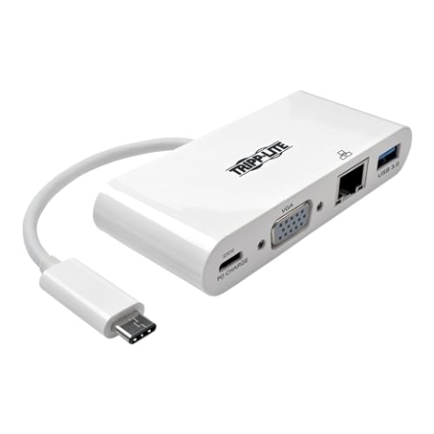 TrippLite by Eaton USB-C Multiport Adapter, VGA, USB 3.x (5Gbps) Hub Port, Gigabit Ethernet und 60W PD Aufladung, Weiß