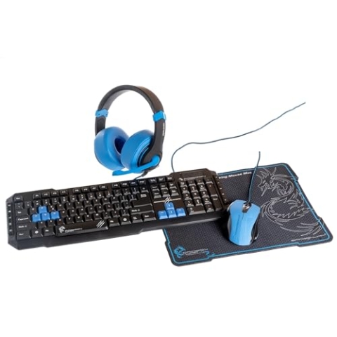 Dragonwar - 4-in-1 Gaming-Set Azerty – Desert Eagle Tastatur – Leviathan Maus – PC-Headset Revan und Mauspad – Blau
