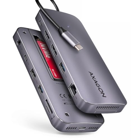 AXAGON HMC-12GM2 Multiport-Hub, USB-C 3.1, M.2-NVMe/SATA, DP HDMI, Gbit-LAN, 3X USB-A, 1x USB-C, C