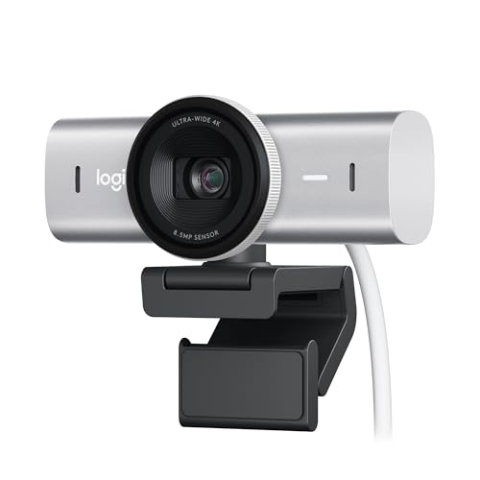 Logitech MX Brio Ultra HD 4K Collaboration and Streaming Webcam, 1080p at 60 FPS, Dual Noise Reducing Mics, Show Mode, USB-C, Webcam Cover, Works with Microsoft Teams, Zoom, Google Meet, Pale Grey