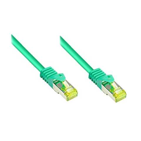 Kabelmeister® RJ45 Patchkabel mit Cat. 7 Rohkabel und Rastnasenschutz (RNS®), S/FTP, PiMF, halogenfrei, 500MHz, OFC, grün, 40m