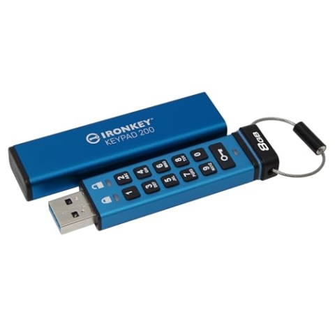 Kingston IronKey Keypad 200 8GB Verschlüsselter USB | Alphanumerische Tastatur | Multi-Pin-Zugang | XTS-AES 256-bit | FIPS 140-3 Level 3 Zertifiziert (Ausstehend) | IKKP200/8GB, Blau