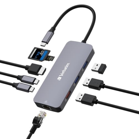 Verbatim USB C Hub 9-in-1, Multiport Adapter USB-C auf HDMI, RJ45, USBA-A und USB-C, mit SD Kartenleser, für Mac, MacBook Pro/Air, iPad Pro, Thinkpad, Windows Computer, Laptop und Co