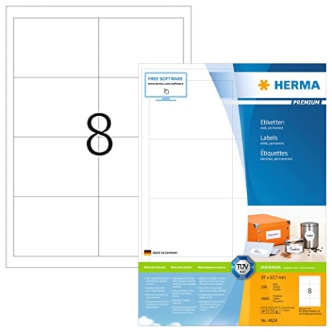 HERMA 4624 Versandetiketten, 200 Blatt, 97 x 67,7 mm, 8 pro A4 Bogen, 1600 Stück, selbstklebend, bedruckbar, matt, blanko Papier Adressetiketten Aufkleber, weiß