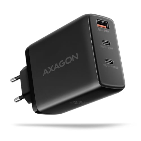AXAGON ACU-DPQ100 GaN Wall Charger, 3X Port (USB dual USB-C), PD3.0/QC4 /PPS/Apple, 100W, schwarz