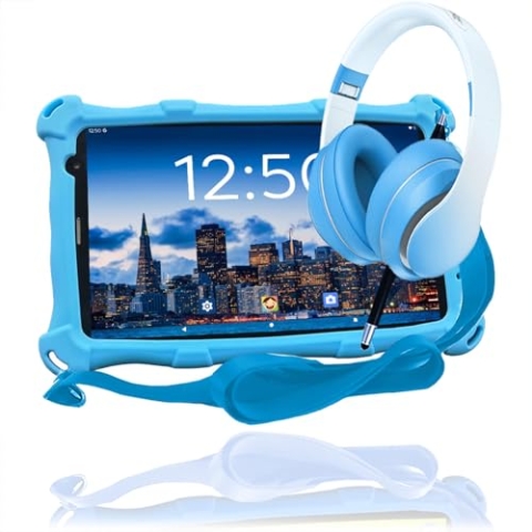 AngelTech Kinderpaket PRO MAX - Kinder-Tablet PRO MAX + Kinder Kopfhörer - Kombipaket - 8 Zoll HD - 4 + 3 GB RAM - 64 + 64 GB ROM - Octa 8 Core (Kinderpaket Blau)