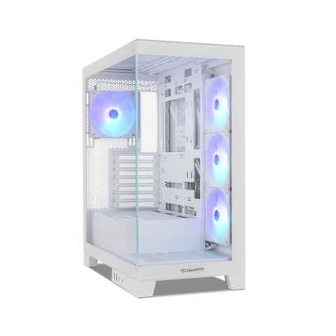 NOX XTREME PRODUCTS Hummer Glock White - Semitower ATX | M-ATX | ITX, rahmenloses gehärtetes Glas mit Panoramablick, Platz für 10 Lüfter, 4X 120mm Lüfter vorinstalliert, USB-C und USB 3.0, Weiß