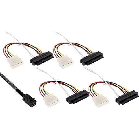 InLine 27632B Mini SAS HD Kabel, SFF-8643 zu 4x SFF-8482 (29-pol.) + Strom, 1m