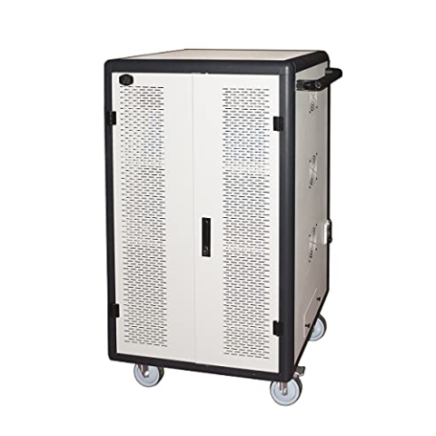 Schrank mit 60 Tablets, mit Rollen, Mehrfachsteckdosen, inklusive Lüfter für Kühler, aus Stahl, perforiert, Farbe Grau Schwarz