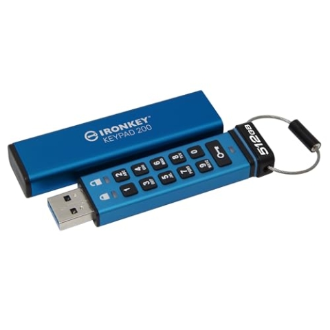 Kingston IronKey Keypad 200 512GB Verschlüsselter USB | Alphanumerische Tastatur | Multi-Pin-Zugang | XTS-AES 256-bit | FIPS 140-3 Level 3 Zertifiziert (Ausstehend) | IKKP200/512GB, Blau