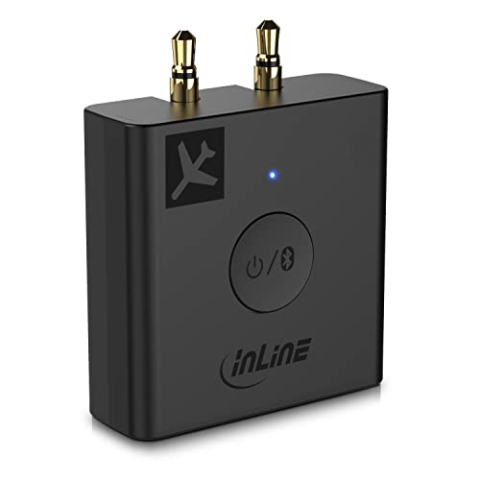 InLine – Flugzeugadapter Bluetooth 5.0 Audio Sender Transmitter für TV, PC, HiFi, aptX, universal Adapter für 1-, 2- und 3-polige Aux Systeme, mit Ladecase, für Kopfhörer und AirPods - 99160I