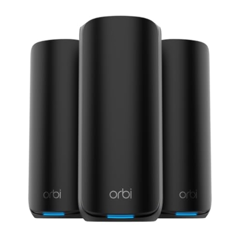 NETGEAR Orbi 870 Tri-Band WiFi 7-Mesh-Netzwerksystem (RBE873B) Router mit 2 Satelliten– Abdeckung von bis zu 600 m², für 150 Geräte – 10-Gig-Internetanschluss, BE21000 (bis zu 21 GBit/s), schwarz