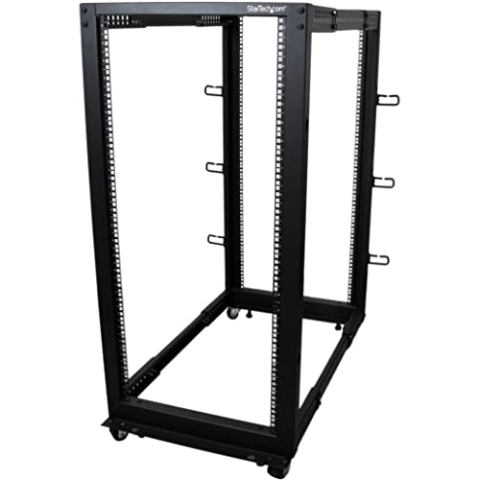 StarTech.com 4-Pfosten 25 HE Mobiles Open Frame Serverrack, 19" Netzwerk Rack mit Rädern, Rack für Computer/AV/Daten/IT Geräte - Rollen, Nivellierfüße oder Bodenmontage (4POSTRACK25U)