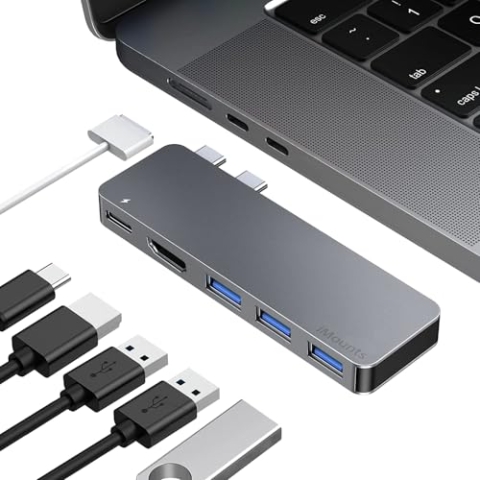 iMounts USB-C Hub für MacBook Air und Pro Silber M1/M2/M3, 3 USB 3.0 Ports, Thunderbolt 3, SD/Micro SD Reader, MagSafe Kompatibel, Aluminium - Space Gray Grau