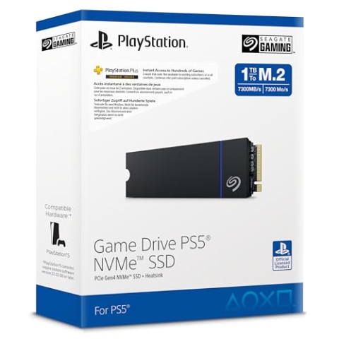 Seagate Game Drive M.2 SSD 1TB, interne Solid State Drive PS5, inkl. 2 Wochen Playstation+, PCIe der 4. Gen., NVMe 1.4, bis zu 7300 MB/s mit Kühlkörper, 3 Jahre Rescue Service (ZP1000GP3A4001)