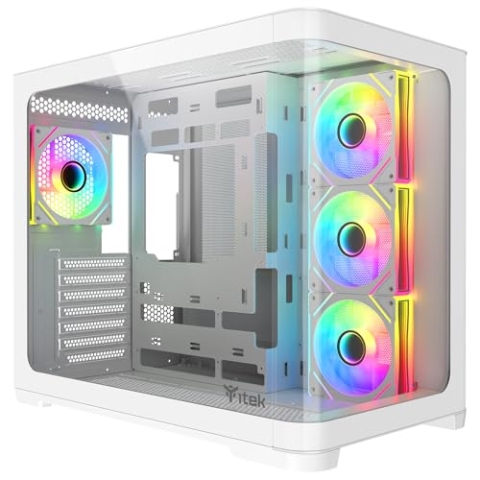 Itek Gehäuse Dark CAVE Curved – Gaming-Tower – ATX – 4X 12 cm ARGB-Lüfter – 2X USB 3.0 – Type-C – Gebogenes Seiten- und Frontpanel aus gehärtetem Glas – Weiße Edition