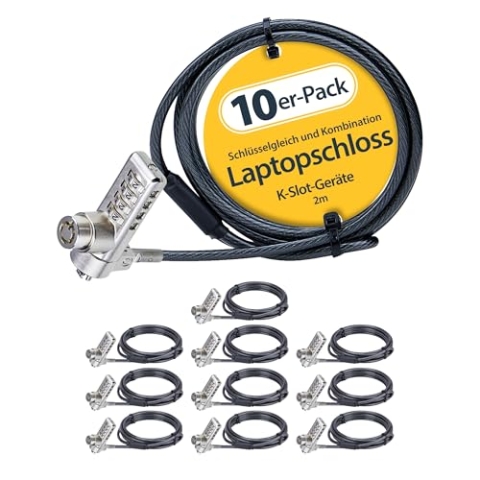 StarTech.com 10-Pack Doppelzugriff Laptopschloss, 2m Kabelschloss mit Schlüssel und Zahlenschloss, K-Slot Sicherheitsschloss